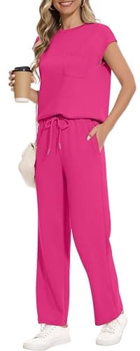 RUBZOOF Summer Outfits for Women 2025 Cap Sleeve Loungewear Crew Neck Two Piece Going Out Sets Travel Airport Outfits Beach Vacation Clothes Resort Wear for Women Hot Pink 2XL - Image 4