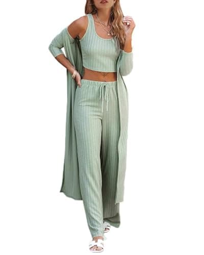Fessceruna Womens 3 Piece Lounge Sets Pajamas Knit Long Sleeve Cardigan Crop Top Wide Leg Pants Loungewear Set - Image 1