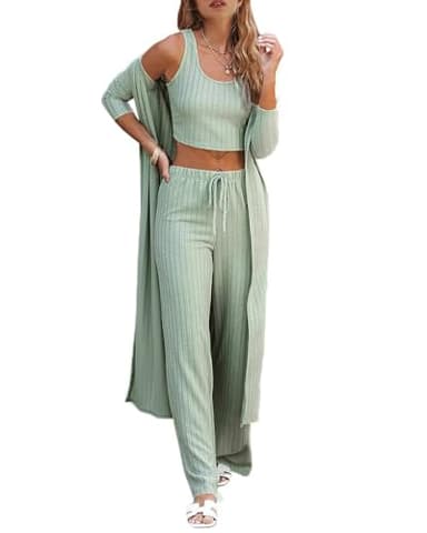 Fessceruna Womens 3 Piece Lounge Sets Pajamas Knit Long Sleeve Cardigan Crop Top Wide Leg Pants Loungewear Set - Image 1