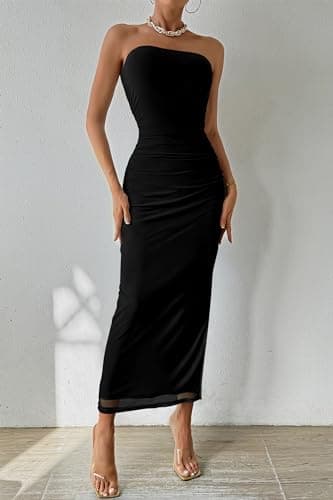 PRETTYGARDEN Women's Summer Maxi Bodycon Dresses Strapless Tube Top Printed Long Party Club Slit Dress (Solid Black,Small) - Image 6