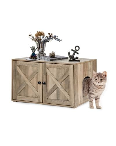 Upolana Cat Litter Box Enclosure, 32 inch Hidden Litter Box Furniture with Divider, Wooden Kitty Litter Box Cabinet End Side Table, Greige - Image 1