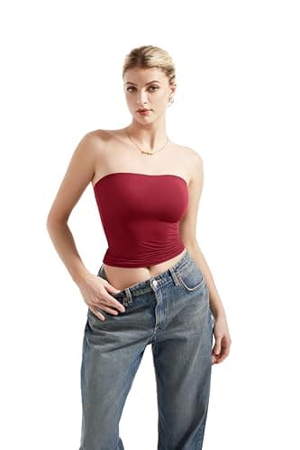 SUUKSESS Women Sexy Tube Top Summer Y2K Going Out Tops Casual Sleeveless Double Lined Basic Tank Top (Wine Red, M) - Image 2