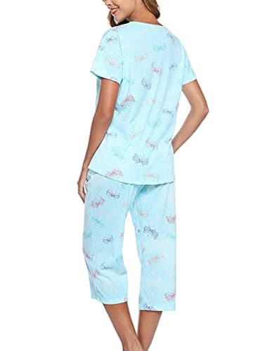 ENJOYNIGHT Womens Pajama Sets Cotton Pj Set Short Sleeve Top With Capri Pants Sleepwear 2 Piece Lounge Set(XX-Large, BL-Butterfly) - Image 5