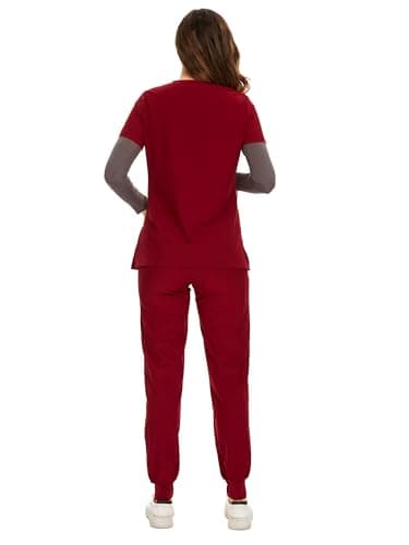 COZYFIT Women's Scrubs Set - Stretch V-Neck Top & Jogger Pant with 8 Pockets, Yoga Waistband, Anti Wrinkle, Slim Fit - Burgundy, 4XL, Tall - Image 2
