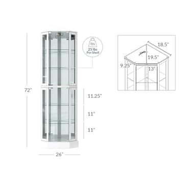 BELLEZE Lighted 3-Side Glass Display Curio Cabinet with Tempered Glass Doors and Shelves, Curved Wood Corner Cabinet with Bulb, Corner Curio Storage Rack for Bar and Liquor Storage - Ashfield (White) - Image 2