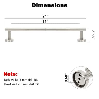 NearMoon Bath Towel Bar, Thicken Stainless Steel Shower Towel Rack Holder Wall Mounted for Bathroom, 24-lnch Overall Length-21-lnch Usable Hanging Space (1 Pack, Brushed Nickel) - Image 2