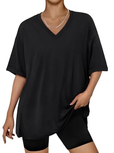 Trendy Queen Oversized Tshirts for Women Workout Plus Size Tops V Neck Short Sleeve Tunic Side Slit Outing T Shirts 2025 Spring Summer Casual Clothes Loose Fit Basic Tees Beach Vacation Black XL - Image 1
