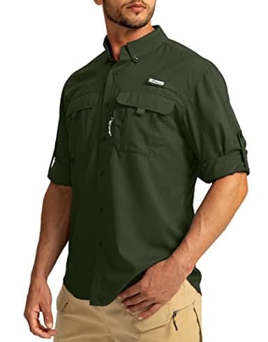 Men's Sun Protection Fishing Shirts Long Sleeve Travel Work Shirts for Men UPF50+ Button Down Shirts with Zipper Pockets(Olive Large) - Image 2