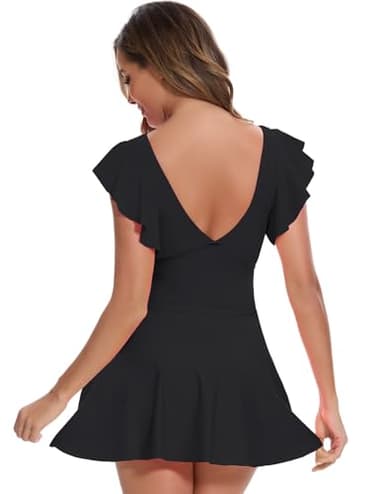 MFAVIP Women One Piece Swim Dress Tummy Control Swimsuits V Neck Ruffle Bathing Suit Cutout Wrap Side Tie Swimwear with Skirt Black - Image 6