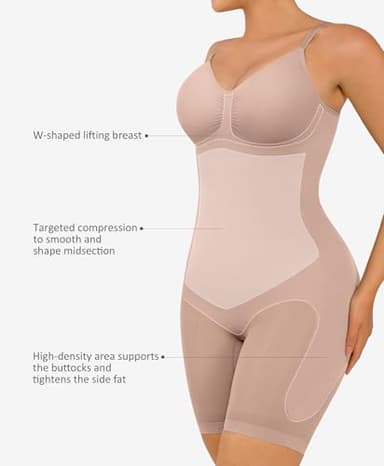 FeelinGirl Seamless Bodysuit Shapewear Hip Enhancer High Waist Body Shaper Full Body Slimming Faja Khaki Beige M/L - Image 3