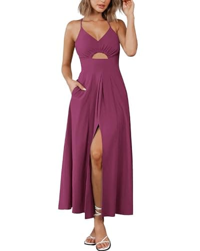 BTFBM Women 2025 Summer Spaghetti Strap Midi Dress Sleeveless V Neck Cutout Slit Casual Beach Party Maxi Dresses Pockets(Purple, Large) - Image 1