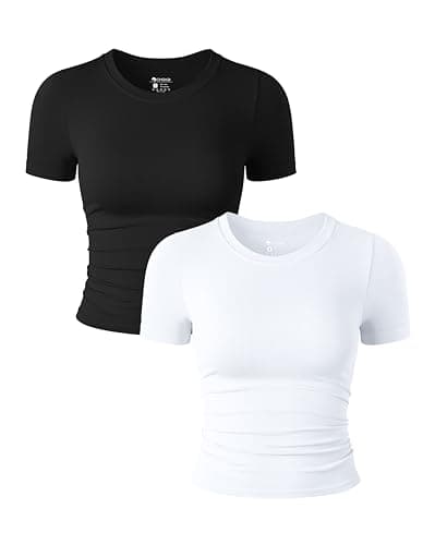 OQQ Womens 2 Piece Shirts Short Sleeve Crew Neck Ruched Stretch Fitted Tee Shirts Crop Tops Black White - Image 1