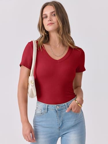 ANRABESS Women Short Sleeve V Neck Ribbed Knit Fitted Shirts Basic Tees Tops 2025 Summer Casual T-Shirts Going Out Outfits Red Large - Image 2