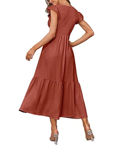 OFEEFAN Casual Dresses for Women Summer Maxi Dresses Ruffle Dress Cotton Dress Rust M - Image 4