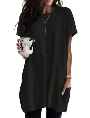 Poetsky Long Tees with Pockets for Women Casual T-Shirts Loose Fit Solid Color Short Sleeve Tunic Tops Oversized Shirts for Women Black - Image 1