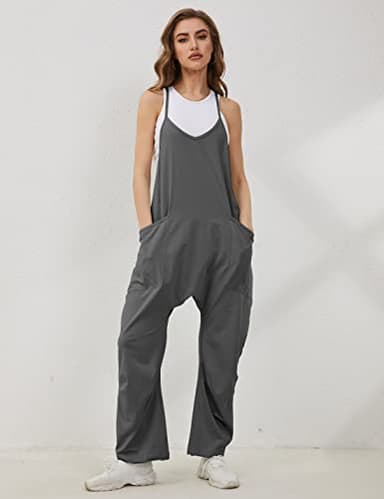 Lentta Women's Causal Jumpsuits V Neck Sleeveless Harem Overalls Stretchy Adjustable Strap Romper with Pockets(DarkGrey-XL) - Image 4