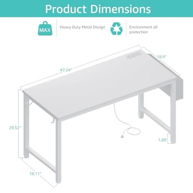 Lufeiya White Computer Desk with Power Outlet, 47 inch Teen Study Table Home Office Work Writing Gaming Desks with Charging Station Outlets Built in, White - Image 3