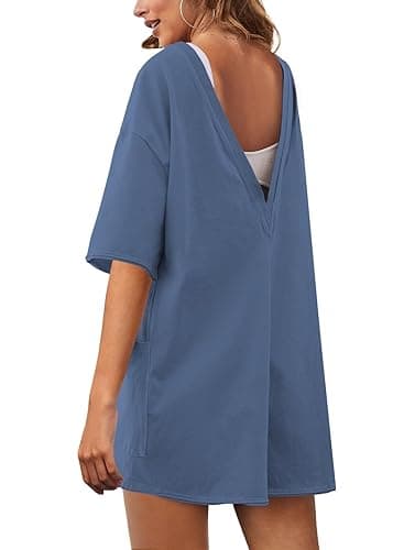 Yeokou Rompers for Women Casual Short Sleeve Oversized Athletic Workout Reversible Hot Shot Tee Romper Deep Pockets(BlueGrey-M) - Image 3