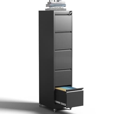 EKJ 5 Drawer Rolling File Cabinet with Lock, Metal Filing Cabinets on Wheels, Vertical Steel Office Drawers Storage for Hanging Legal/Letter Folders, Require Assembly (Black) - Image 1