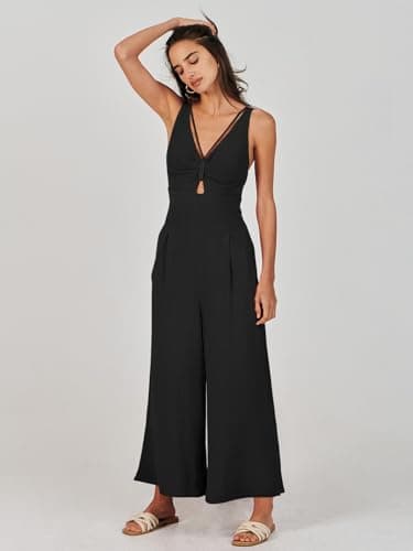 ANRABESS Women's Jumpsuits Summer Wide Leg Sleeveless V Neck Casual Dressy Linen Pants Rompers 2025 Vacation Beach Outfits Black Small - Image 8