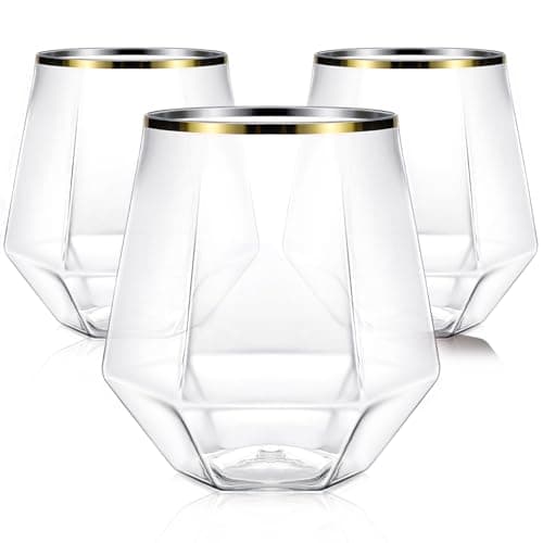 Maaacute 40 Pcak Plastic Stemless Wine cocktail Whiskey Champagne Glasses, 12 Oz Gold Rim Disposable Clear Unbreakable Cups for Party Bars Wedding Tasting (Diamond-shaped) - Image 1