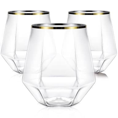 Maaacute 40 Pcak Plastic Stemless Wine cocktail Whiskey Champagne Glasses, 12 Oz Gold Rim Disposable Clear Unbreakable Cups for Party Bars Wedding Tasting (Diamond-shaped) - Image 1