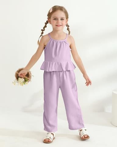 Little Girls Outfit 4t 5t Girl Clothes for Kids Ruffle Summer Lightweight Shirt Wide Leg Purple Linen Pants 2-Piece Cute Toddler Outfits Clothing Set - Image 2