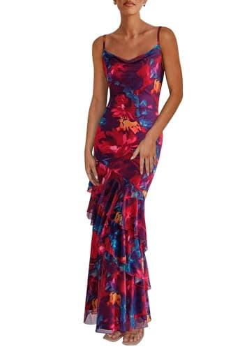 PRETTYGARDEN Maxi Dresses for Women 2025 Summer Tiered Floral Beach Sundress Spaghetti Strap Wedding Guest Long Dress (Navy Red Big Floral,Small) - Image 1