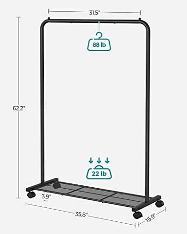 SONGMICS Clothes Rack with Wheels, Clothing Rack for Hanging Clothes, 25.4 mm Metal Garment Rack with Dense Mesh Storage Shelf, 110 lb Load Capacity, 2 Brakes, Black UHSR25BK - Image 5