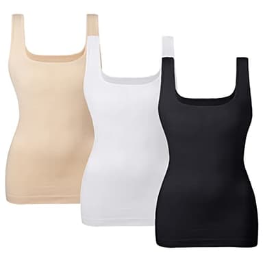 EUYZOU Women's 3PK Tummy Control Shapewear Tank Tops Seamless Square Neck Compression Tops Slimming Body Shaper Camisole-Black/White/Nude M - Image 1