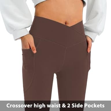 DLOODA Women's Flare Leggings with Pockets-Crossover High Waisted Bootcut Yoga Pants-Tummy Control Bell Bottom Leggings Brown - Image 3