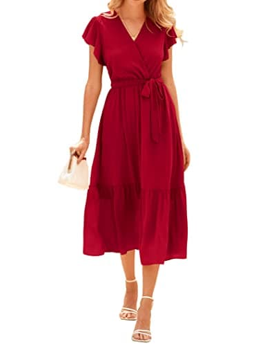 BTFBM Women Summer Bohemian Floral Casual Wrap V Neck Ruffle Cap Sleeveless Belt A-Line Pleated Hem Swing Midi Sun Dress (Solid Red, X-Large) - Image 1