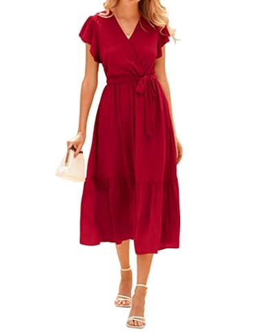 BTFBM Women Summer Bohemian Floral Casual Wrap V Neck Ruffle Cap Sleeveless Belt A-Line Pleated Hem Swing Midi Sun Dress (Solid Red, X-Large) - Image 1