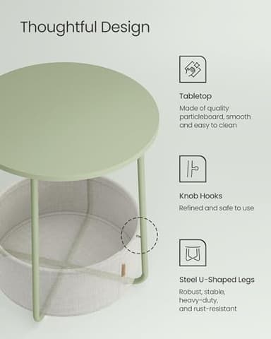 VASAGLE Small Round Side End Table, Modern Nightstand with Fabric Basket, Laurel Green and Cream White ULET223C69 - Image 7