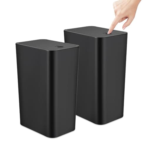 TrashAid 2 Pack Bathroom Trash Can with Lid, 2.6 Gallon / 10 Liter Small Garbage Can with Press Top Lid, Plastic Wastebasket with Pop-up Lids for Toilet, Office, Bedroom, Living Room, Black - Image 1
