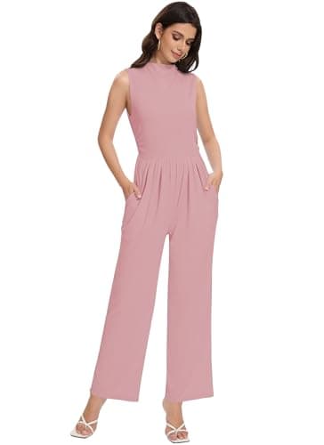 LOZ Womens Casual Summer Jumpsuits Dressy One Piece Outfits Mock Neck Sleeveless Wide Leg Pants Rompers with Pockets Pink - Image 3