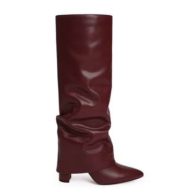 Modatope Burgundy Slouchy Shark Knee High Boots for Women Chunky Heel Fold Over Boots Pointed Toe Tall Boots Zipper Long Boot Size 6.5 - Image 2