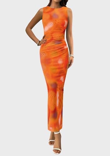 PRETTYGARDEN Wedding Guest Dresses for Women 2025 Summer Spring Floral Bodycon Sleeveless Mesh Maxi Long Dress(Print Orange,Medium) - Image 5