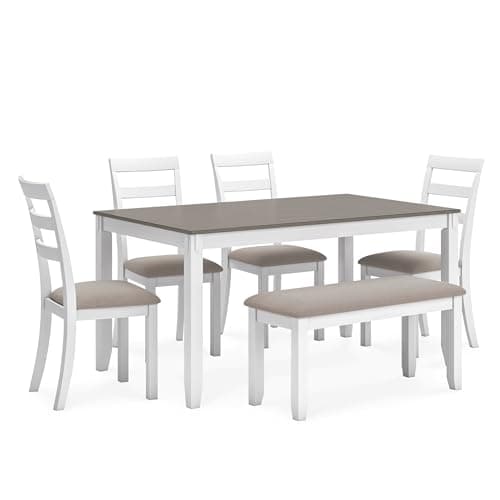 Signature Design by Ashley Stonehollow Modern Farmhouse Dining Table with Upholstered Chairs and Bench, Set of 6, White & Gray - Image 1