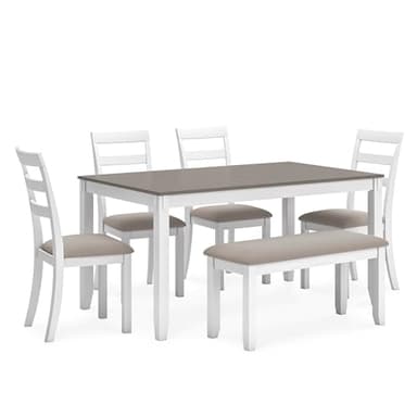 Signature Design by Ashley Stonehollow Modern Farmhouse Dining Table with Upholstered Chairs and Bench, Set of 6, White & Gray - Image 1
