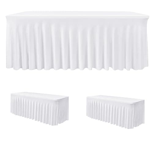 HolidayIdeas White Spandex Table Covers 6 Foot, Fitted Stretch Table Skirts 30x72 Inch, Wrinkle-Free Floor Length Polyester Tablecloths for Weddings Parties Banquets Events,2 Pack - Image 1