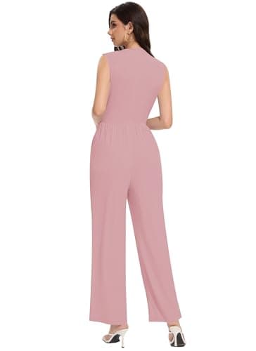 LOZ Womens Casual Summer Jumpsuits Dressy One Piece Outfits Mock Neck Sleeveless Wide Leg Pants Rompers with Pockets Pink - Image 4