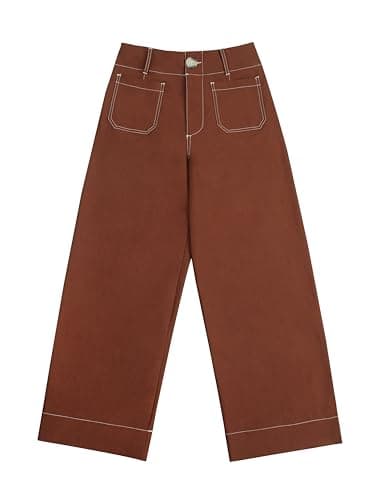 miduo Womens Slim Spring Pants Contrast-Stitch High Waist Zipper Button Cropped Wide Leg Trousers Straight Leg Pants with Pockets Brown 29 - Image 6