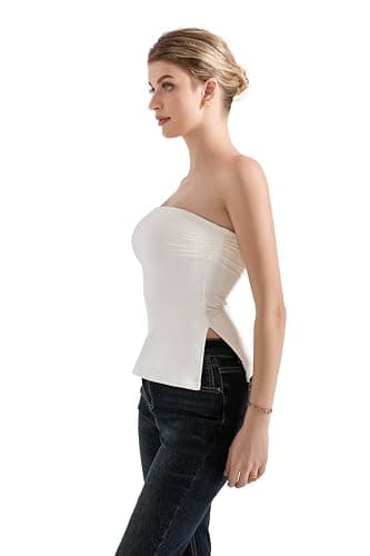 SUUKSESS Women Double Lined Going Out Trendy Tube Tops Side Split Sexy Strapless Tank Tops (White,S) - Image 2