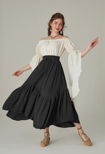 Black Flowy Skirt for Women High Waist Long Skirt Renaissance Skirt with Pockets Black XL - Image 5