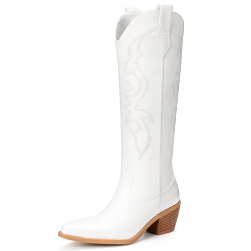 Platikly White Cowboy Boots for Women - Embroidered Western Cowgirl Boots, Wide Calf Knee High Tall Footwear, Almond Pointed Toe Chunky Heel Pull On Zipper Classic Retro Country Style US 9.5 - Image 1