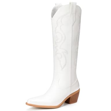 Platikly White Cowboy Boots for Women - Embroidered Western Cowgirl Boots, Wide Calf Knee High Tall Footwear, Almond Pointed Toe Chunky Heel Pull On Zipper Classic Retro Country Style US 9.5 - Image 1