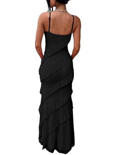 HOCILLE Women's Sexy V Neck Backless Bodycon Spaghetti Strap Elegant Ruffle Maxi Cocktail Party Dresses, Large, Black - Image 2