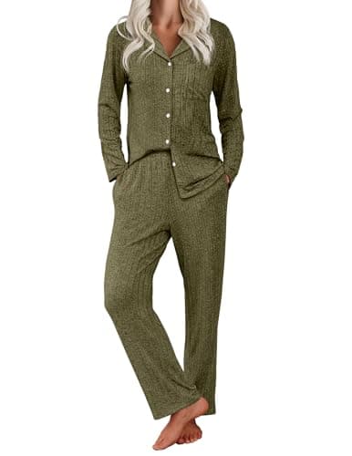 Ekouaer Womens Ribbed Knit Pajama Sets 2 Piece Lounge Set Long Sleeve Button Down Pjs Sleepwear Set with Pockets Army Green X-Large - Image 1