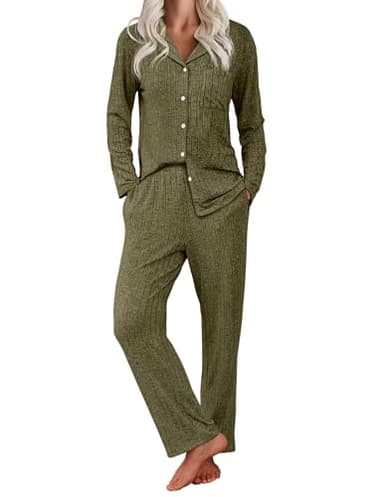 Ekouaer Womens Ribbed Knit Pajama Sets 2 Piece Lounge Set Long Sleeve Button Down Pjs Sleepwear Set with Pockets Army Green X-Large - Image 1